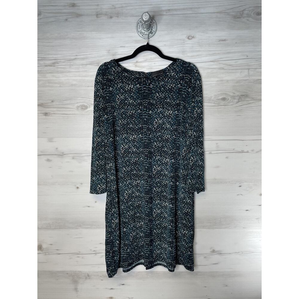 Attention Dress Womens XL Black Teal Print 3/4 Sleeve Shift Back Zip Crew Neck